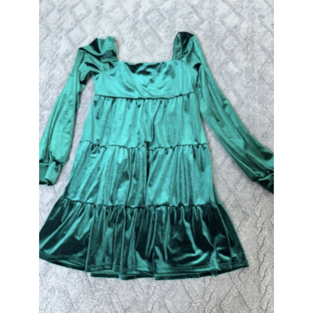Altar'd State Green Velvet Tiered Mini Dress Long Puff Sleeve Square Neck XS